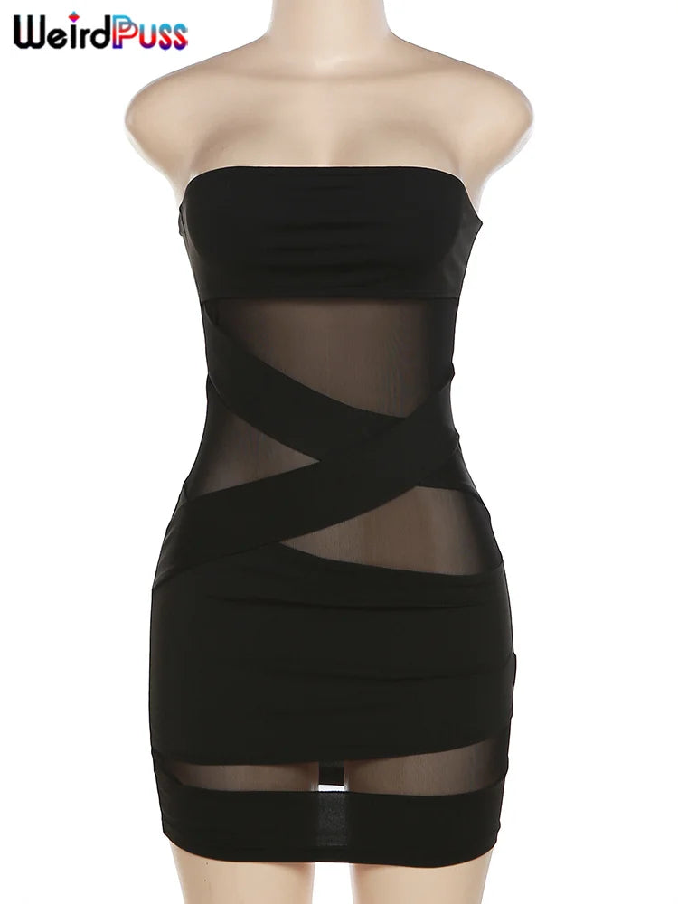 Weird Puss Party Strapless Dress Women Patchwork Mesh Summer Trend Sleeveless Midnight Sexy Hip Mini Bodycon Skinny Clubwear - Smarsty