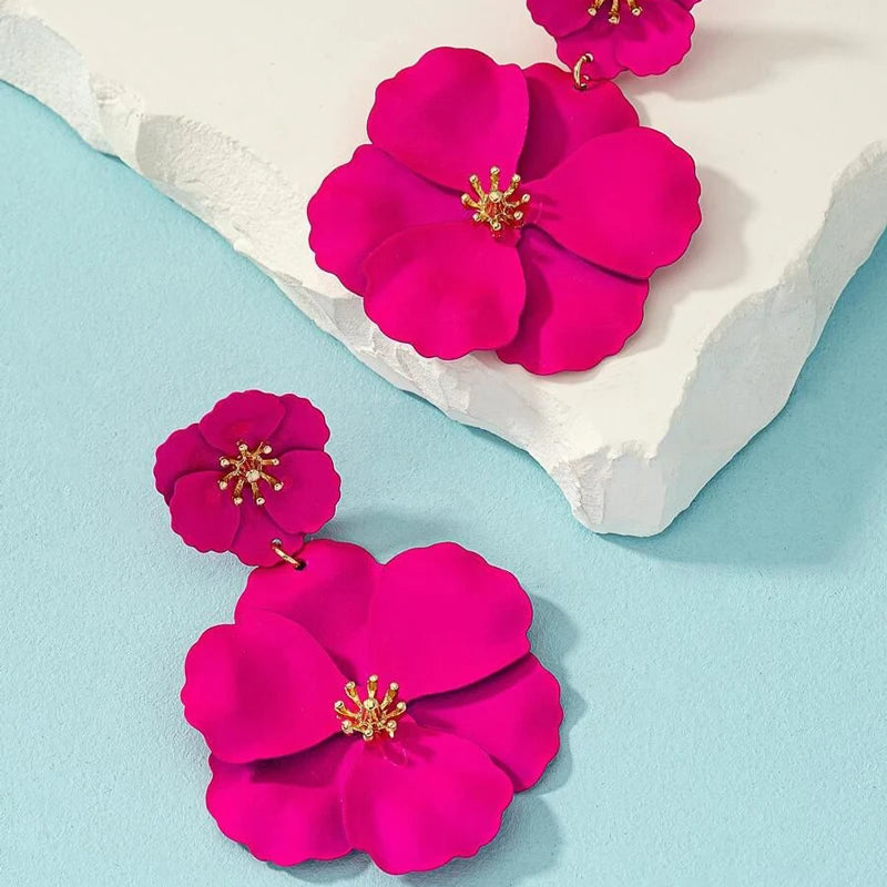 Fuchsia Flower Drop Earrings with Gold Plating for Women - Smarsty