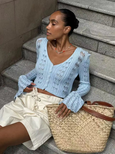 TARUXY Hollow Knitted Cardigan Women's Solid Long Sleeve V Neck Short Sweater Top Summer 2025 New Female Crochet Casual Outwear - Smarsty