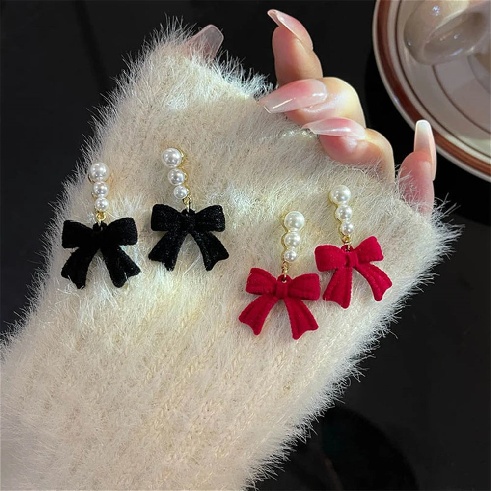 Red Black Bowtie Earrings with Simulated Pearls for Women - Smarsty