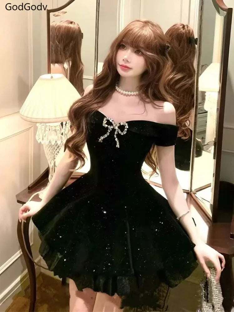 Black French Vintage Elegant Design Woman Dress Gothic Off Shoulder Retro Mini Dress Female Fairy Birthday Party Chic Outfits - Smarsty