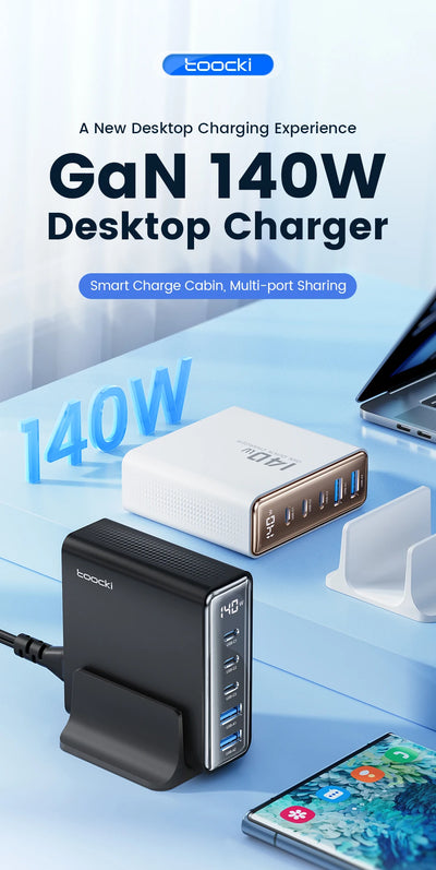 GaN USB Charger 140W 5in1 Desktop with LED Display Ports - Smarsty