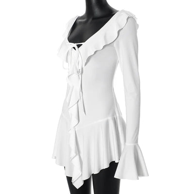 Tossy Ruffled Lace-Up White Mini Dress Women's V-Neck Patchwork Long Sleeve Sexy Slim Dress Bandage Elegant Female Summer Dress - Smarsty