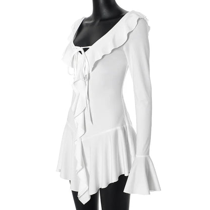 Tossy Ruffled Lace-Up White Mini Dress Women's V-Neck Patchwork Long Sleeve Sexy Slim Dress Bandage Elegant Female Summer Dress - Smarsty