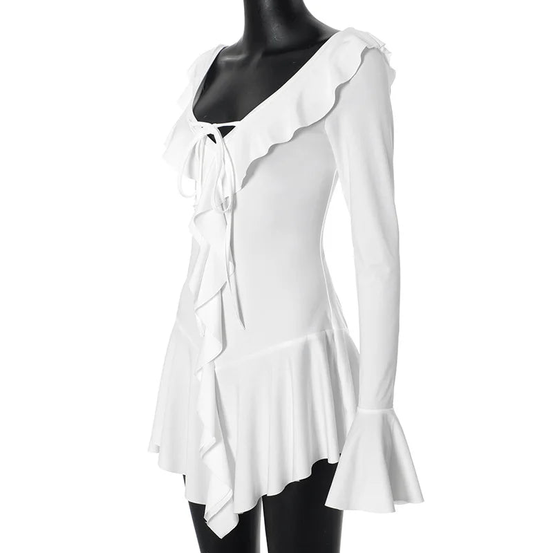 Tossy Ruffled Lace-Up White Mini Dress Women's V-Neck Patchwork Long Sleeve Sexy Slim Dress Bandage Elegant Female Summer Dress - Smarsty