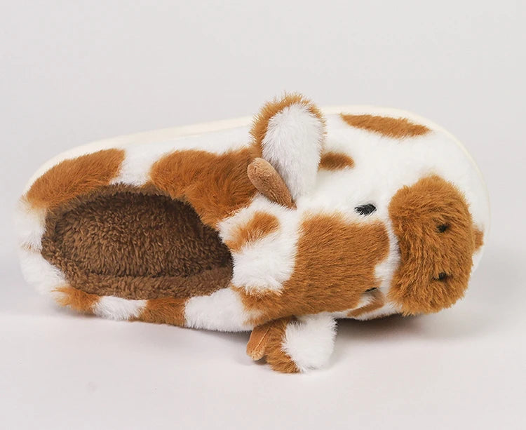 Casual Fluffy Slippers Women House Cute Cartoon Cow Designer Shoes Girl Flat Fashion Elegant Plush Winter Platform Footwear Home - Smarsty