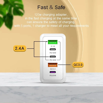 120W 5 Port USB PD Charger Fast Charging Wall Adapter - Smarsty
