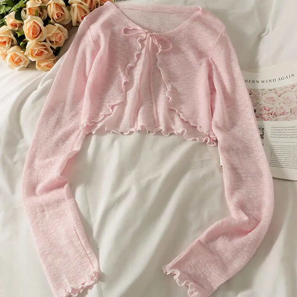 Summer Women Thin Sunscreen Cardigan Lace-up Knitwear Tops Female Korean Style Lantern Sleeve Short Coat Casual Sun Protected - Smarsty