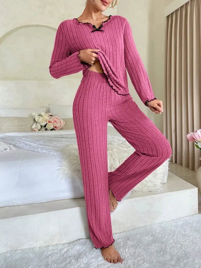 Women Autumn Winter Sleepwear Ribbed Pajamas Set Long Sleeve Top and Long Pants 2 Piece Set Casual Homewear Loungewear - Smarsty