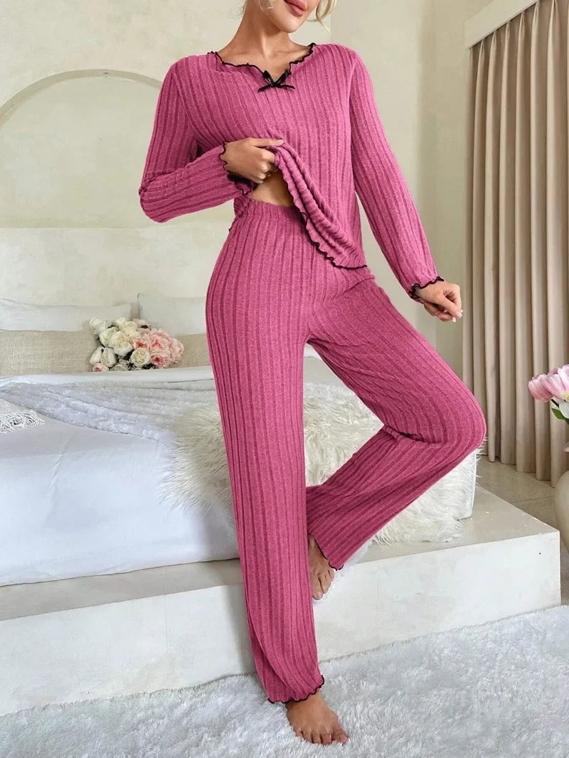 Women Autumn Winter Sleepwear Ribbed Pajamas Set Long Sleeve Top and Long Pants 2 Piece Set Casual Homewear Loungewear - Smarsty