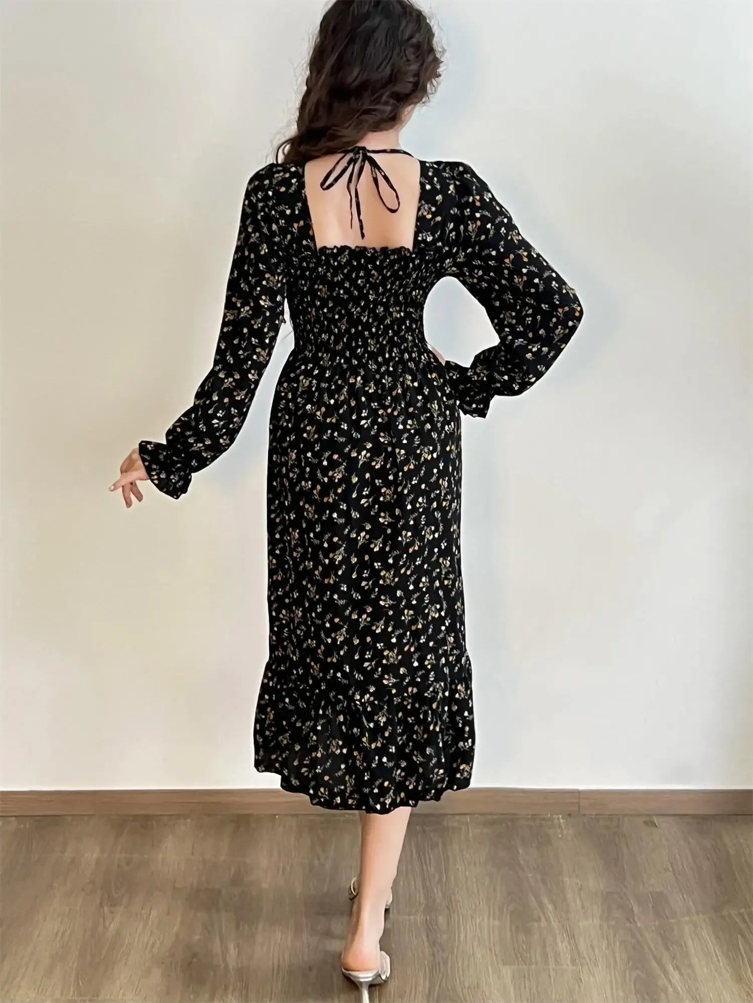 Long Sleeve Casual Dress Women Chiffon Dresses Autumn Spring A-line Printed Floral Elastic Chest Lace Up Midi Dresses Vestidos - Smarsty