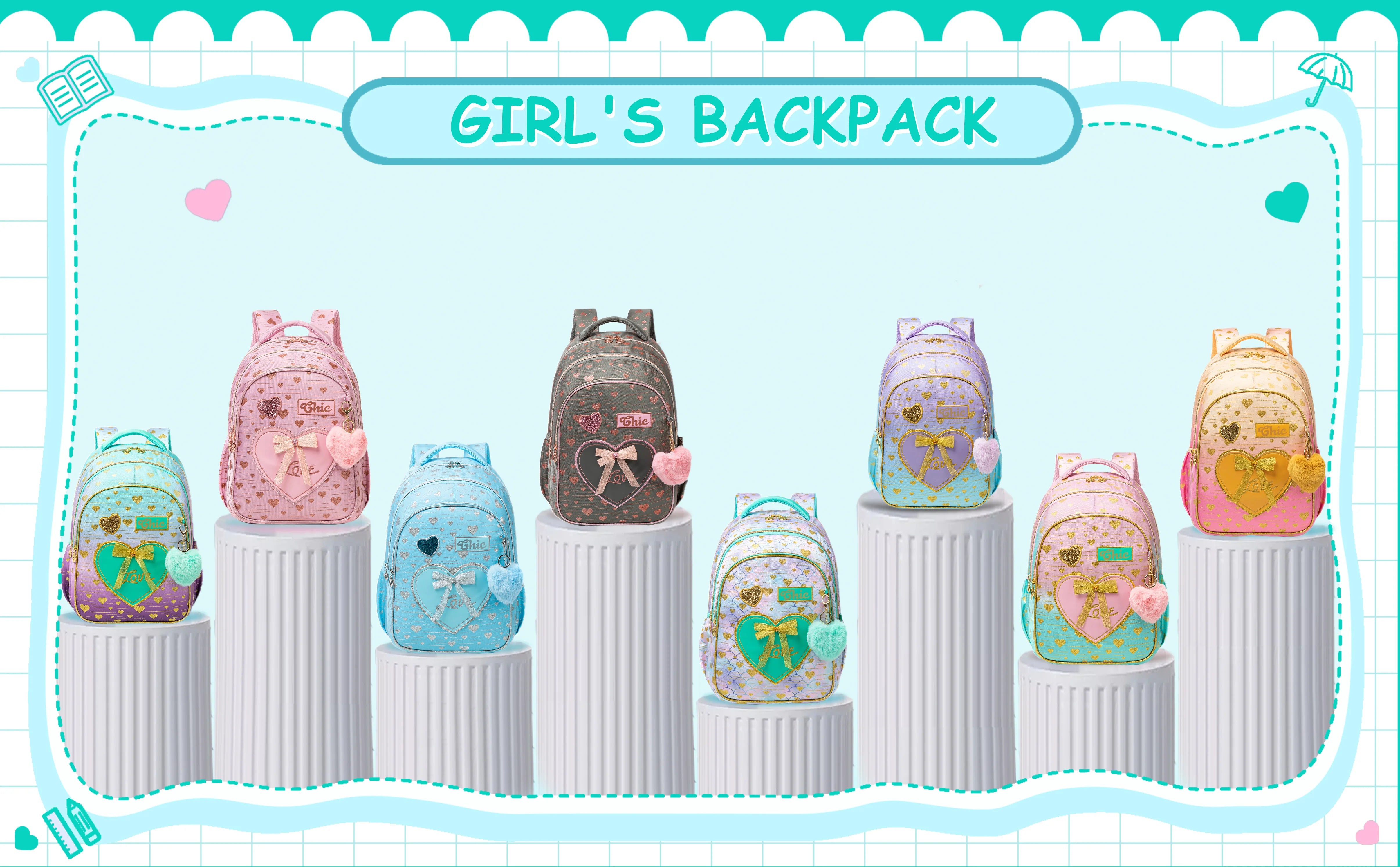 Girls Backpack With Bowknot Ribbon And Lunch Bag Pen Case - Smarsty