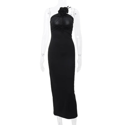 WhereMery Elegant Women Solid Sleeveless Slim Dress Aesthetic Oblique Strap Backless Prom Dresses Fashion Evening Party Clothing - Smarsty