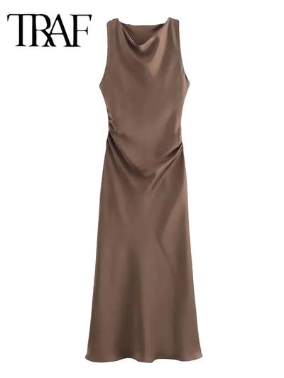 TRAF Satin Long Dresses for Women 2024 Summer Slip Midi Dress Woman Sexy Evening Party Dress Sleeveless Female Elegant Dresses - Smarsty