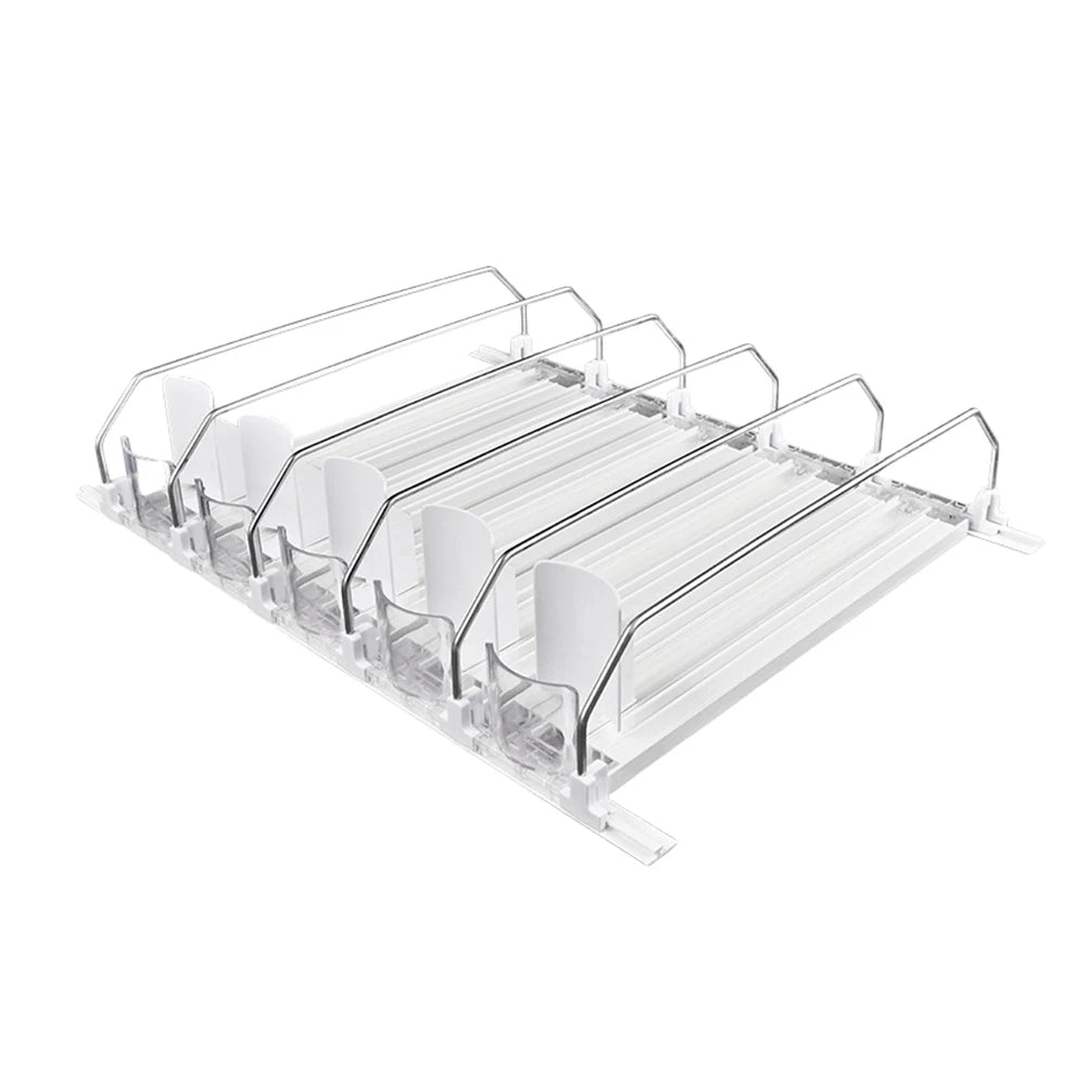 Canned Beverage Push Rack Drink Organizer Dispenser Spring Push Adjustable Width Storage Shelf E-shaped Glide for Kitchen Fridge
