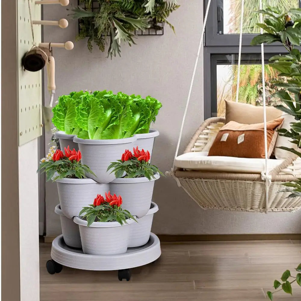 Plastic Stackable Vertical Flower Pot Multi-layer Garden Planter Tower with Movable Casters for Strawberry vegetable Frame Grow