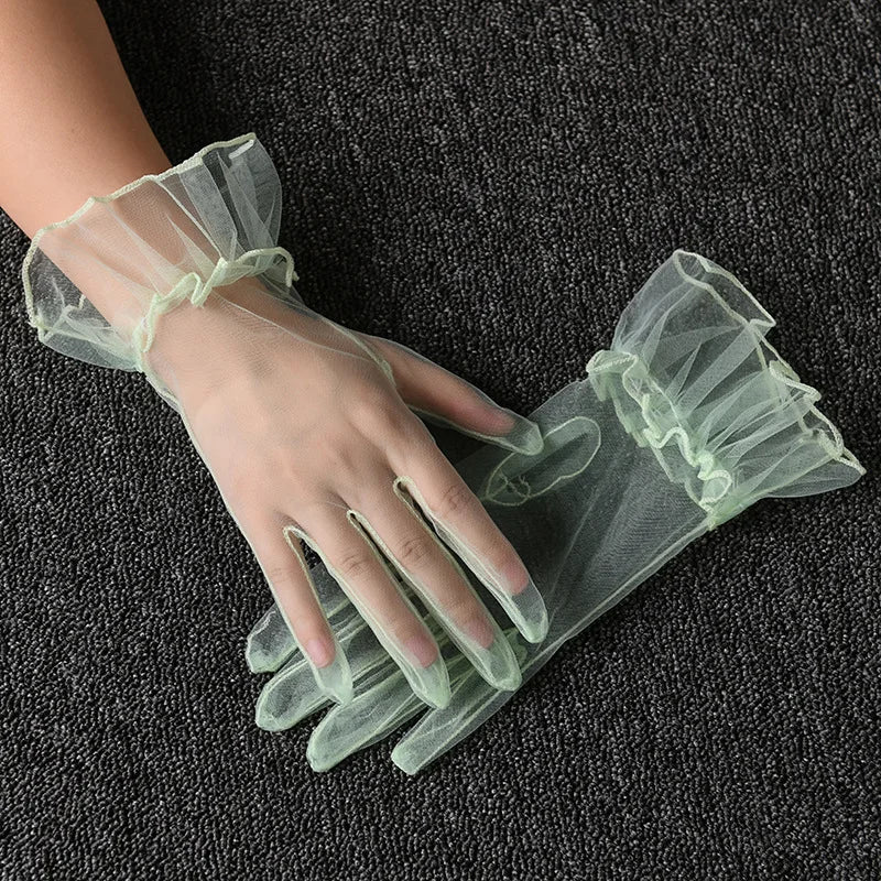 Women Lace Tulle Gloves Stretchy Full Finger Wedding Gloves - Smarsty