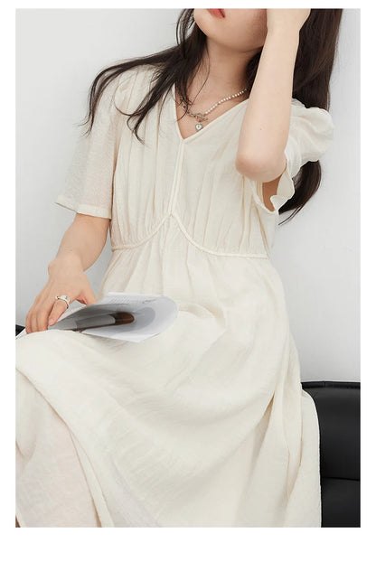 CHIC VEN Women Dresses French Style Vintage V-neck Puff Sleeve Long Dress Solid Black Loose Female Clothing Summer New 2023 - Smarsty