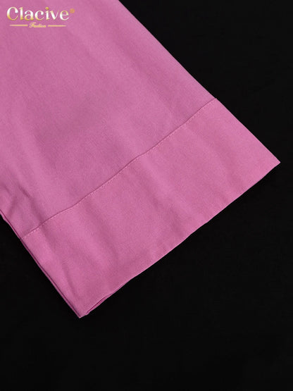 Clacive Casual Loose Pink Cotton Dress Ladies Fashion Lapel Long Sleeve Ankle Length Dress Elegant Lace-Up Dresses For Women - Smarsty
