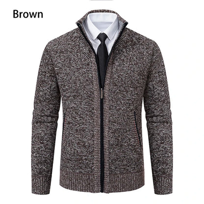 Autumn And Winter New Jersey Men's Casual Sports Coat Solid Color Stand Collar Wweater Grab Fleece Warm Zipper Cardigan - Smarsty