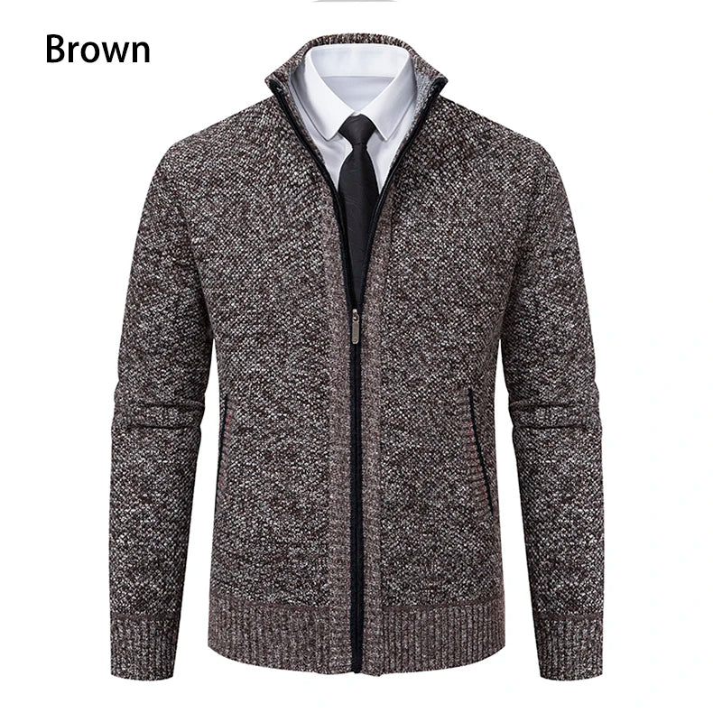 Autumn And Winter New Jersey Men's Casual Sports Coat Solid Color Stand Collar Wweater Grab Fleece Warm Zipper Cardigan - Smarsty