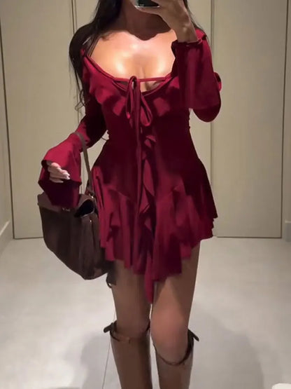 Tossy Ruffled Lace-Up White Mini Dress Women's V-Neck Patchwork Long Sleeve Sexy Slim Dress Bandage Elegant Female Summer Dress - Smarsty