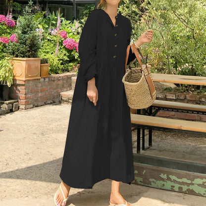 Women's Elegant Solid Cotton Robe Femme 2022 Spring Autumn Bohemian Maxi Dress ZANZEA Casual Long Sleeve Shirt Dresses Oversized - Smarsty