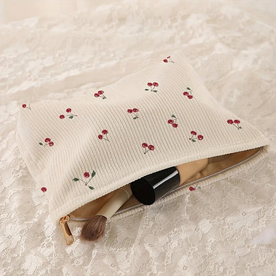 Cherry Print Corduroy Makeup Bag With Lightweight Zipper - Smarsty