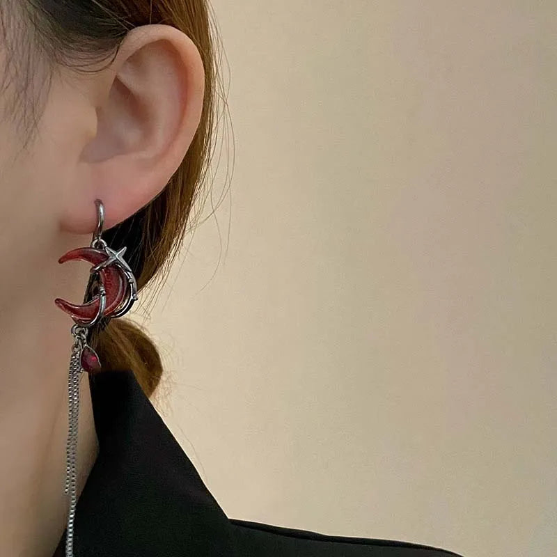 Asymmetrical Red Moon Rose Drop Earrings for Women Stylish Jewelry - Smarsty