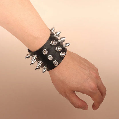 Adjustable Black Leather Punk Bracelet with Metal Spikes - Smarsty