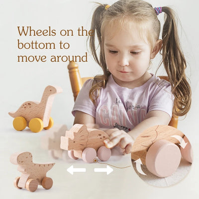Wooden Baby Car Toys Beech Wooden Dinosaur Cartoon Car Teether Educational Montessori Toys For Children Teething Baby Toys - Smarsty