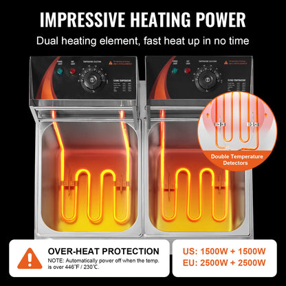 SucceBuy 12L Electric Deep Fryer w/Dual Removable Tanks Commercial Countertop  Fryer for Chicken French Fries Frying Chips