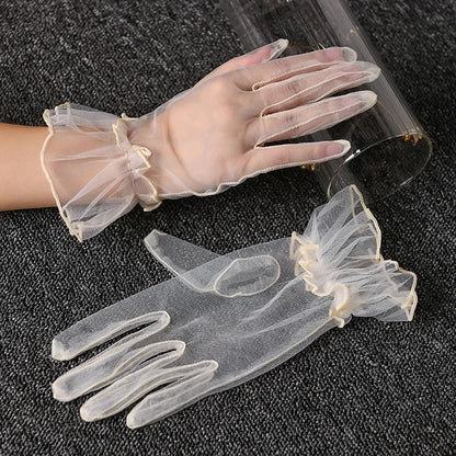 Women Lace Tulle Gloves Stretchy Full Finger Wedding Gloves - Smarsty
