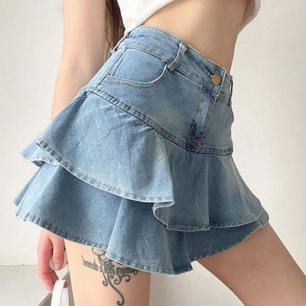 Vintage Denim Skirt Shorts Women Summer Korean Fashion High Waist A-line Wash Blue Slim Cute Sexy Mini Jeans Ruffle Skirt Female - Smarsty