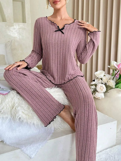 Women Autumn Winter Sleepwear Ribbed Pajamas Set Long Sleeve Top and Long Pants 2 Piece Set Casual Homewear Loungewear - Smarsty
