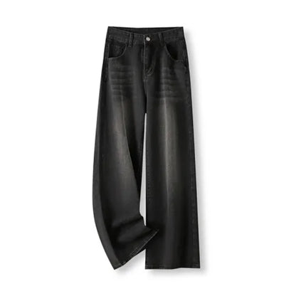 Korean Vintage High Waist Women's Jeans Y2K Slimming Pear-Shaped Loose Straight Bell Bottoms Black Gray Baggy Denim Trousers - Smarsty