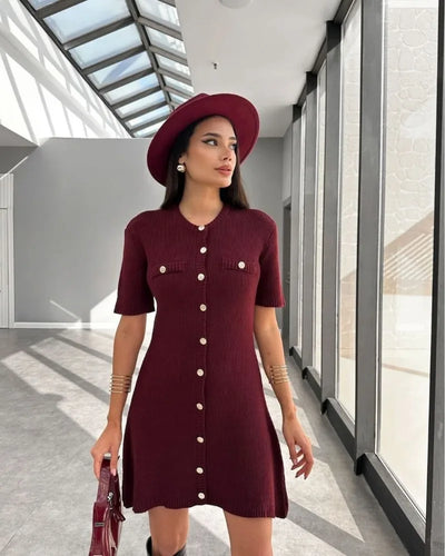 Trendix Elegant Knit Mini Dress Women Street Slim High Waist Short Sleeve Rib Sweater Dresses Vacation Bodycon Knitwear Dress - Smarsty