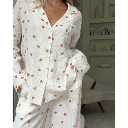 Summer New Love Heart Print Pyjama 100% Cotton Long Sleeve Set 2Pcs Outfit Lapel Sleepwear Button Down Women's Pajamas Nightwear - Smarsty