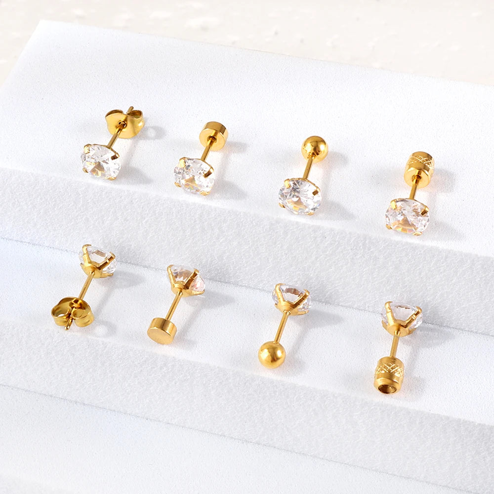 Stainless Steel Cubic Zirconia Stud Earrings Screw Back - Smarsty