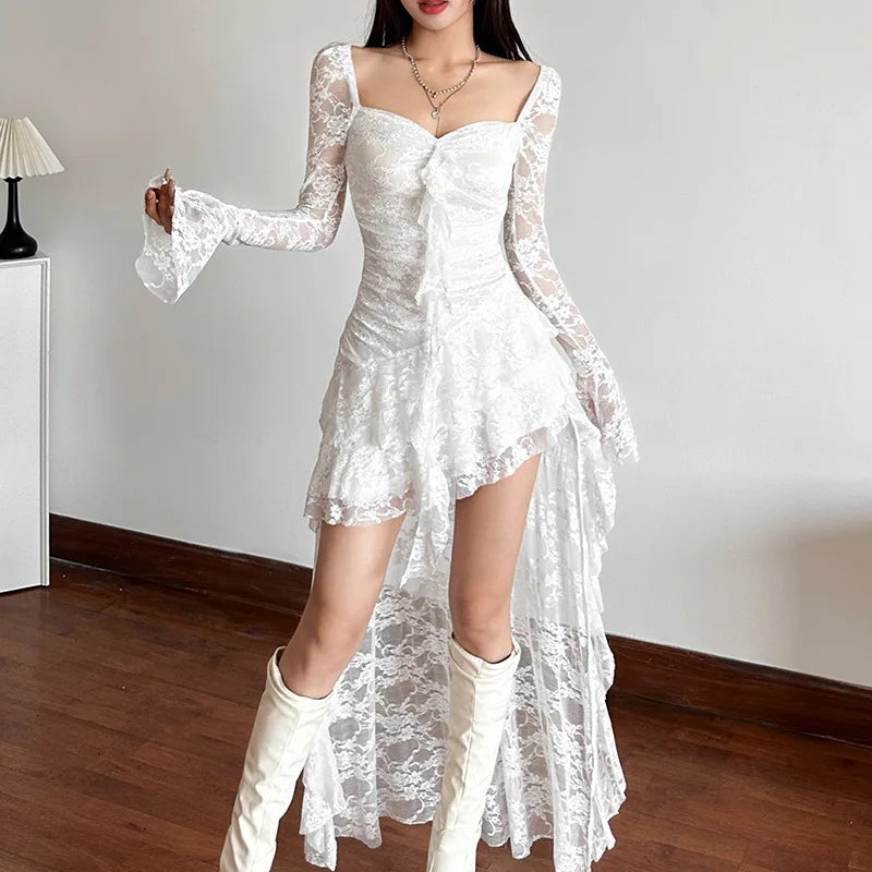 Goth Dark Fairycore Lace Flare Sleeve Square Neck A-line Dress Sweet E-girl Irregular Long Hem Dresses Cyber Y2K Party Vestido - Smarsty