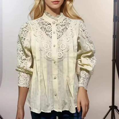 2025 French Style Spring Women Blouse Office Lady Flower Blouse Hollow Out Lace Stand Collar Button Shirt Female Clothing 12419 - Smarsty