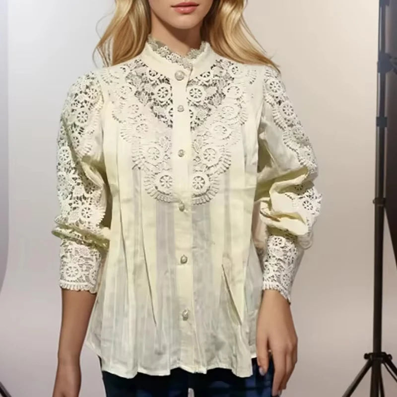 2025 French Style Spring Women Blouse Office Lady Flower Blouse Hollow Out Lace Stand Collar Button Shirt Female Clothing 12419 - Smarsty