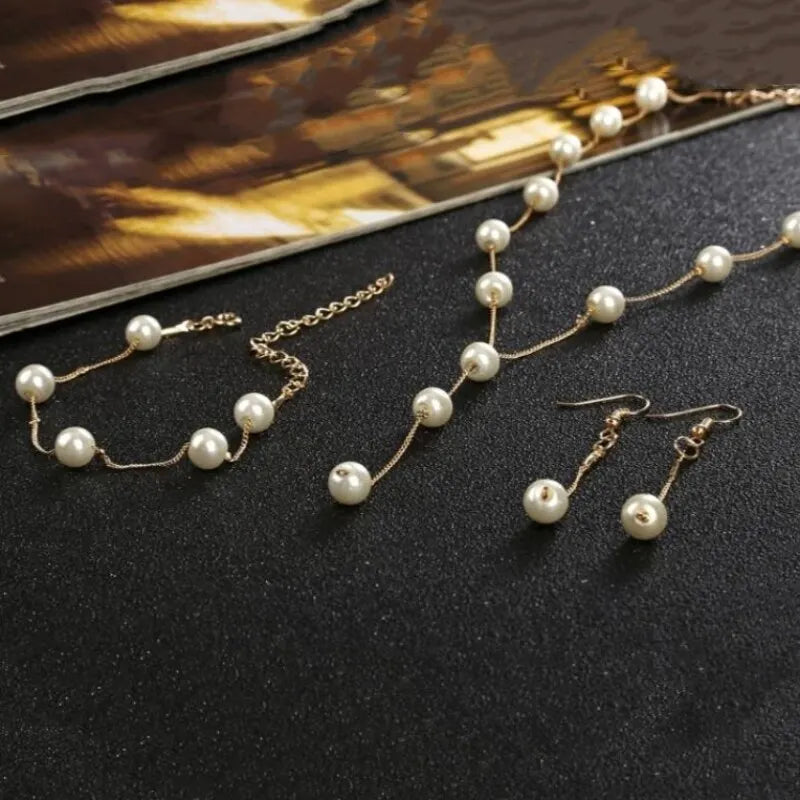 Gold Tone Necklace Earrings Bracelet Set With Tassel Pearls - Smarsty