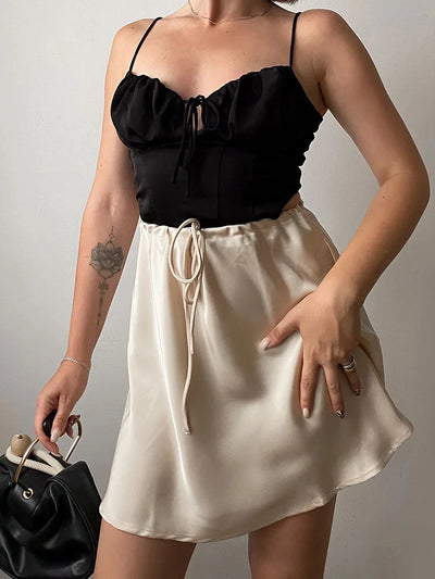 Satin Mini Skirts Women Summer Beige Silk Short Skirt For Woman Drawstring High Waist Black Satin Skirt A Line Women Short 2025 - Smarsty