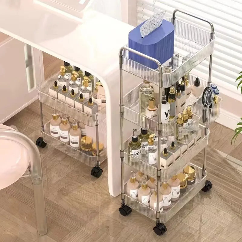 3/4 Layer Rolling Trolley Storage Rack Movable Trolley With Hanging Basket Bathroom Storage Makeup Snack Organizer Transparent
