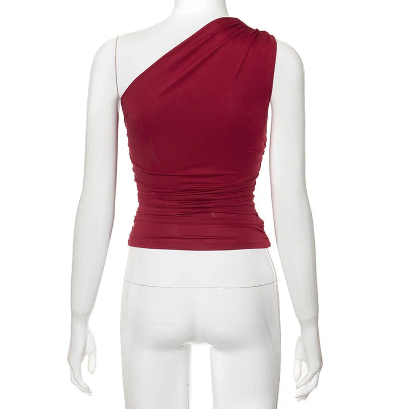 Solid Color One Shoulder Backless Shrink Tank Top T-Shirt Candy Color Tight Sexy Sleeveless Neckless Slim Casaul Top