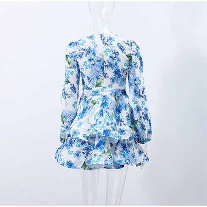 Backless Party Dress Women Elegant 3D Flower Print Sling Lace Up Ruffle A-line Mini Evening Dresses Female 2025 Summer Swimwears - Smarsty