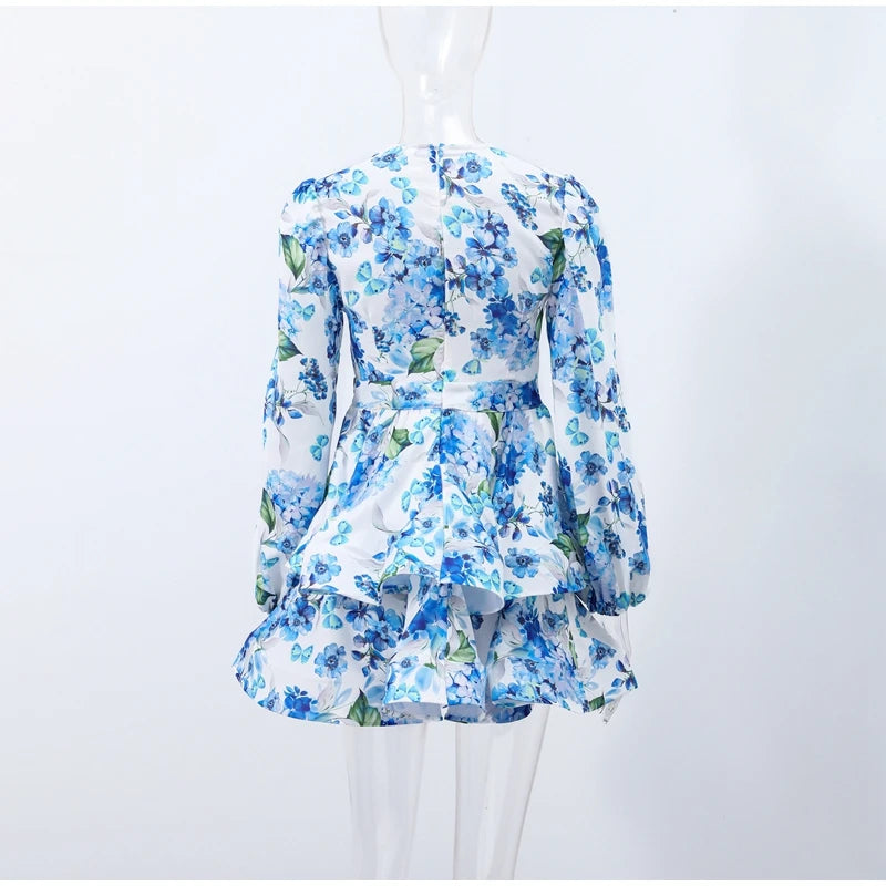 Backless Party Dress Women Elegant 3D Flower Print Sling Lace Up Ruffle A-line Mini Evening Dresses Female 2025 Summer Swimwears - Smarsty