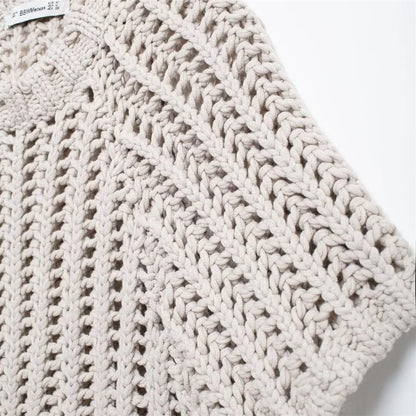 Hollow Out Knit Pullover Women Casual Round Neck Lace Up Bow Sweater Female Autumn Short Sleeves Solid Knitwears Lady - Smarsty
