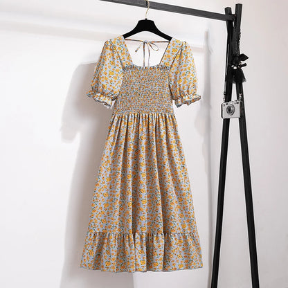 Summer Pleated Women Chiffon Dresses Casual Beach Holiday Short Sleeve Square Collar Woman Midi Dress Bohemian Mujer Vestidos - Smarsty